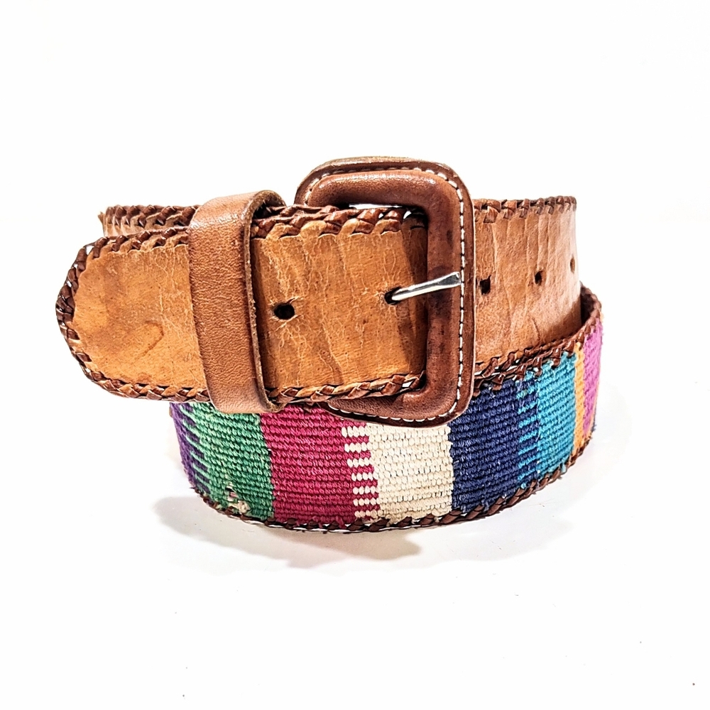 Guatemalan Woven Belt Women Size 30 SM Multi-Color Cotton Striped Leather Buckle